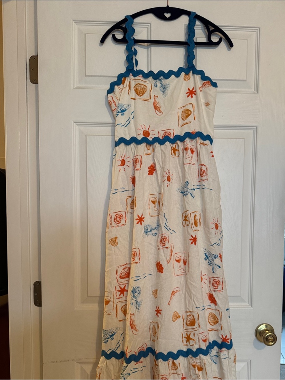 CeCe White Maxi Dress with Blue Trim and Orange Print